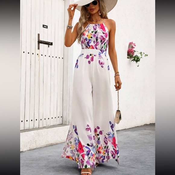 Holidaya Women Summer Vacation Style Floral Print Halter Wide-Leg Loose Jumpsuit
